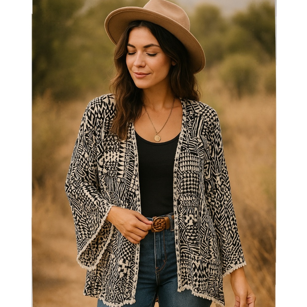 L. Space Ivory Coast Black Boho‎ Open Front Fall Geometric Kimono One Size